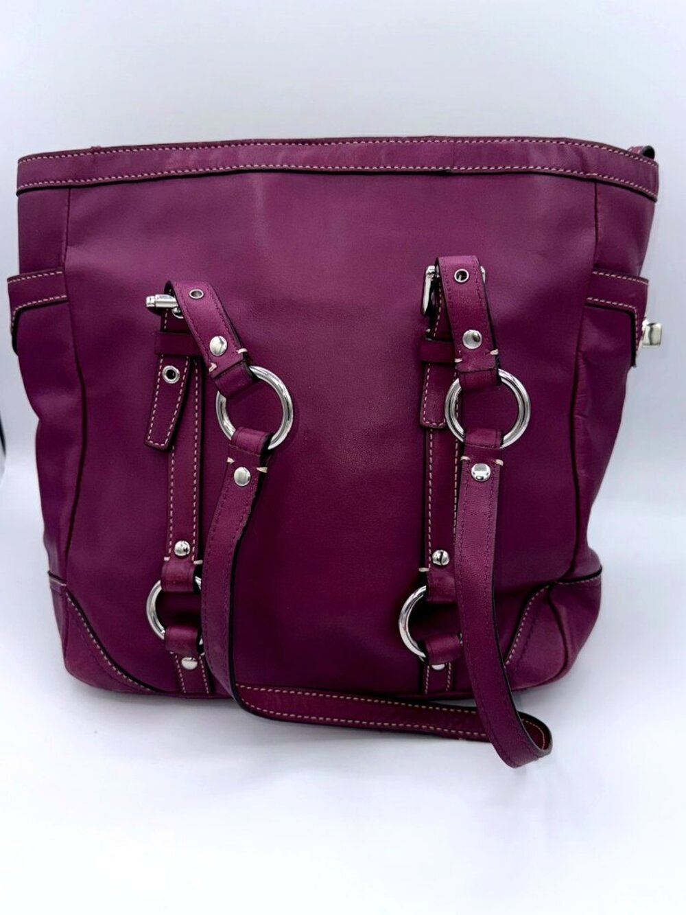 Coach Purple Leather Shoulder Bag Silver Hardware Tote Purse
